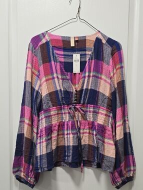 Anthropologie Plaid Peasant Tunic in Pink, Navy & Peach